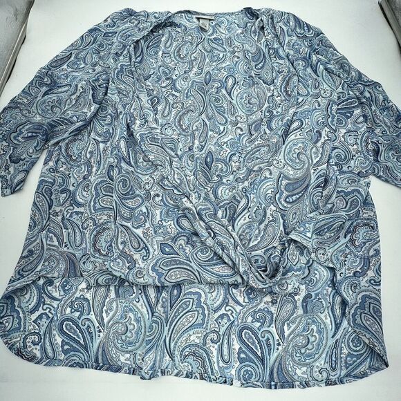 Catherines Plus Size Women’s 1X Blue Paisley Faux Wrap Draped Blouse - Picture 1 of 4
